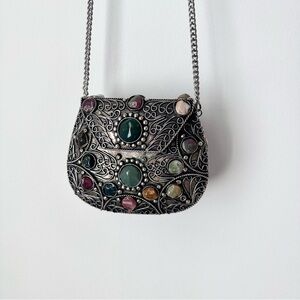 Vintage Sajai Metal Intricate Silver and Multicolor Gemstone Mini Bag Crossbody